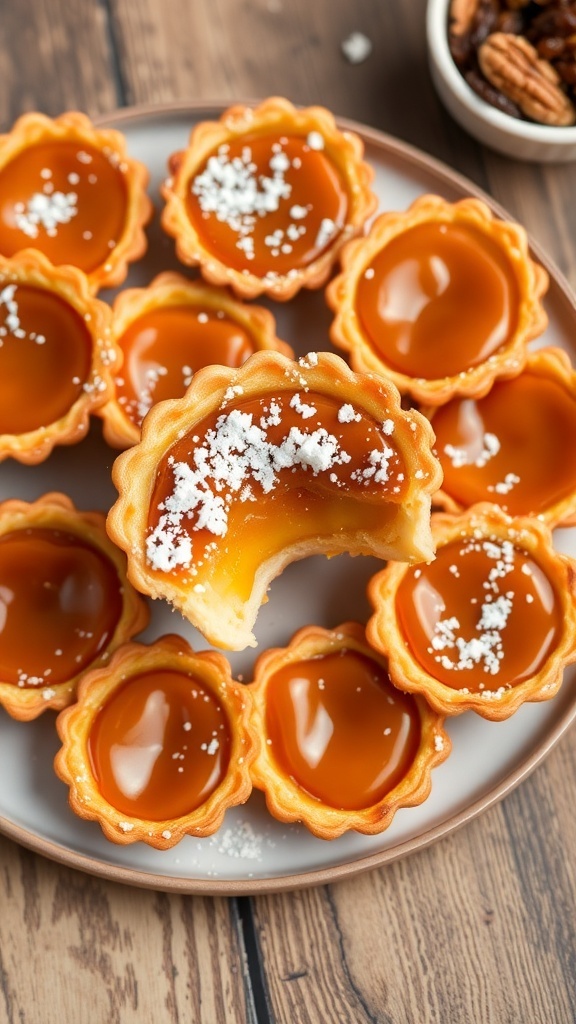 Golden butter tarts with gooey filling on a rustic wooden table, some tarts broken open, with powdered sugar and optional filling ingredients.